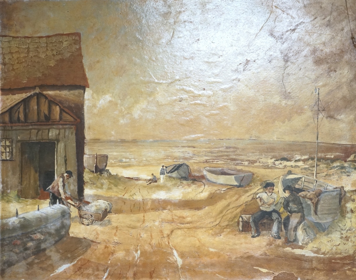 Naïve Cornish school, oil on board, coastal view with fishermen and boats, unsigned, unframed, 45 x 58cm
